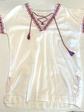 Lucky Brand White Embroidered Boho Tie-Neck Tunic with Pink & Purple Accents